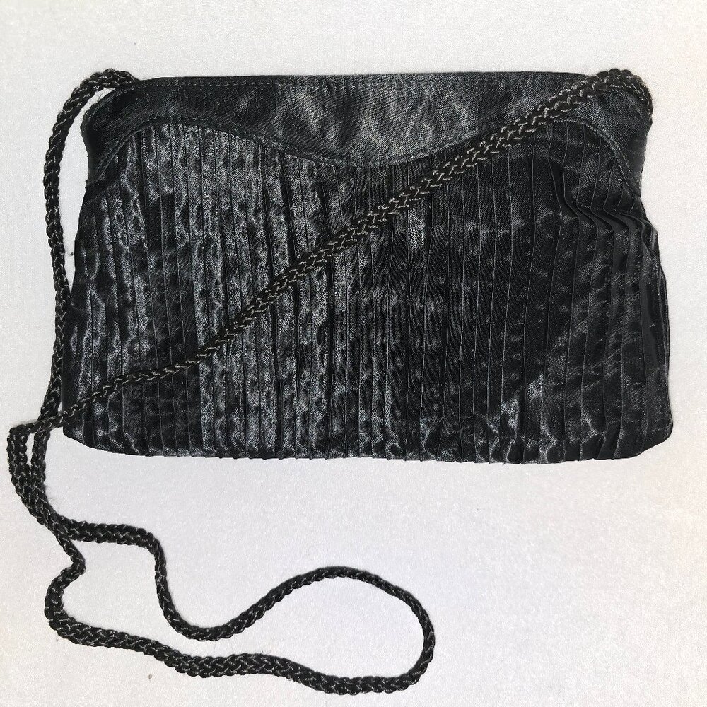 Vintage Black Pleated Satin Crossbody Evening Bag